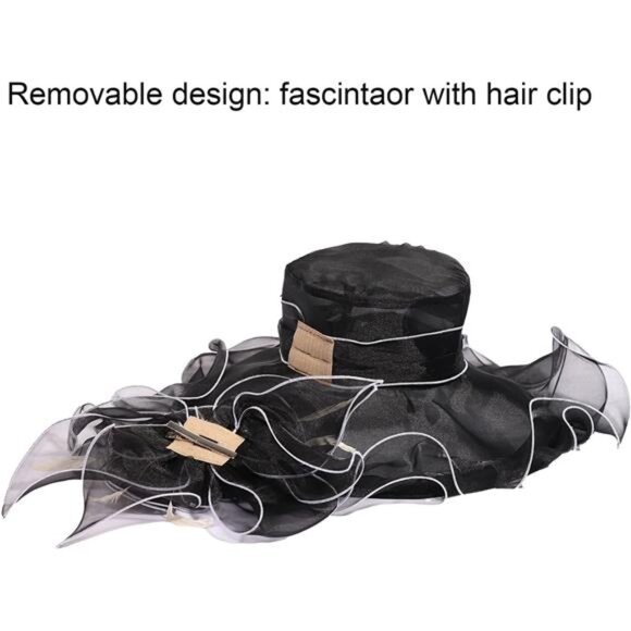 Women Sun Hat Church Wide Brim Black White - Picture 4 of 7